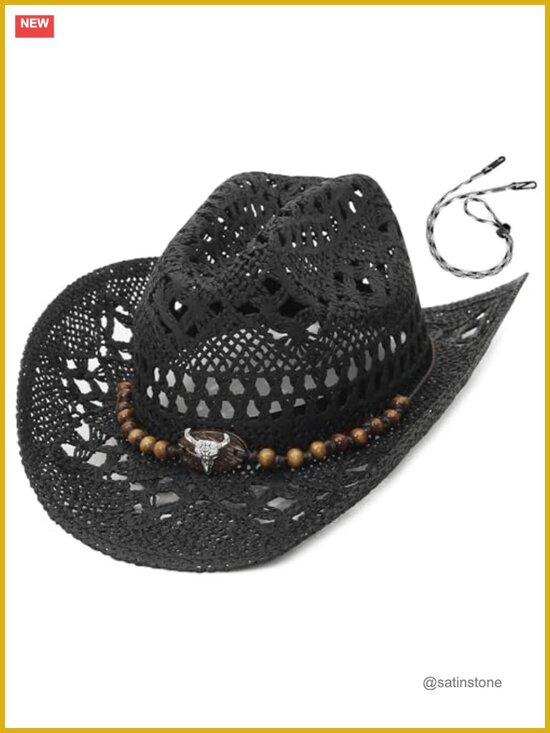 Straw Cowgirl Hat Woven Hollow Out Wide Brim Sun Hat with Chin Strap main image 4